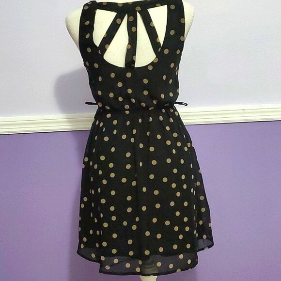 Monteau Black & Tan Polka Dots 60s Vibes Retro Flare Mini Dress - Picture 5 of 9